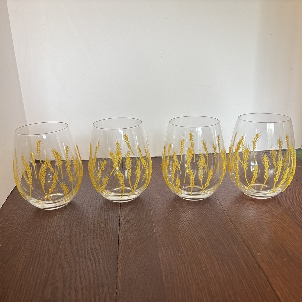 Textured Gold Wheat Stemless Wine‎ Glasses Rare Hard To Find!! Set Of 4- EUC!